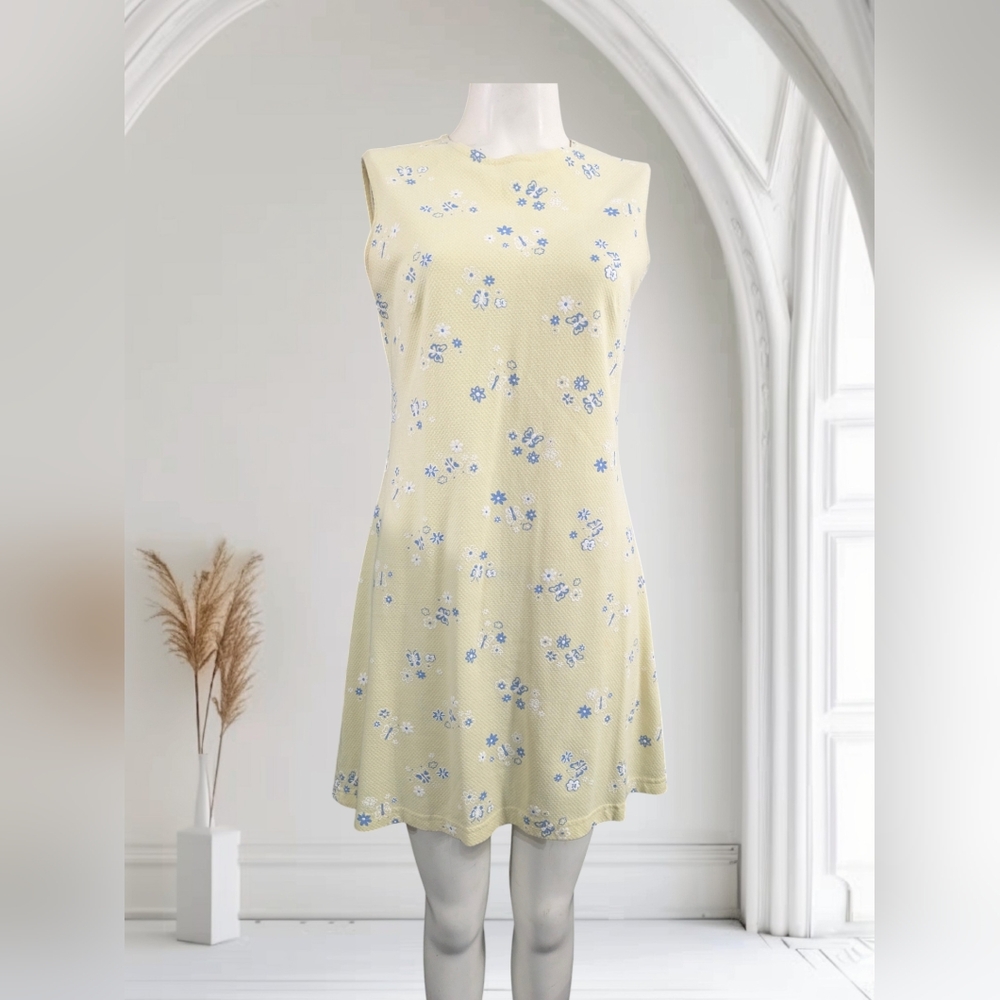 Vintage Younique Light Yellow Floral Blue Butterfly Mini Dress Summer Dress